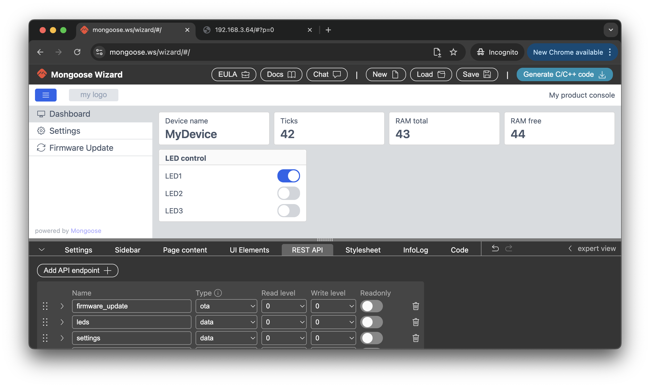 Dashboard page