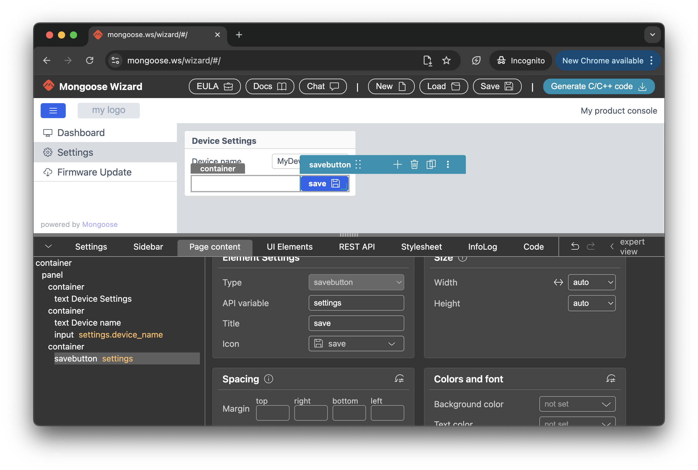 Settings page