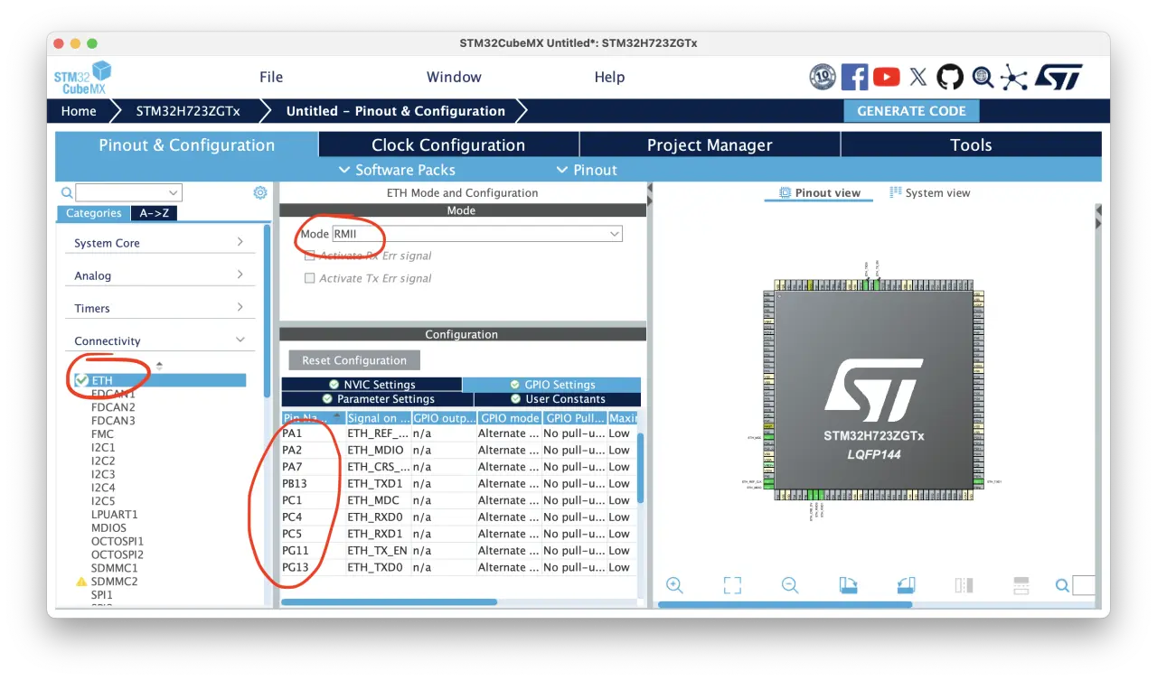 Cube MX ethernet settings