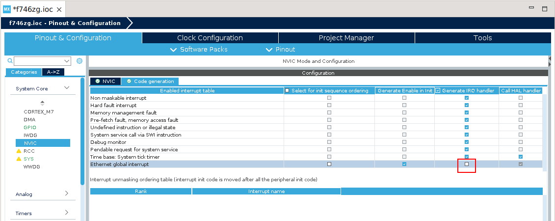 STM32CubeIDE disable Ethernet IRQ handler