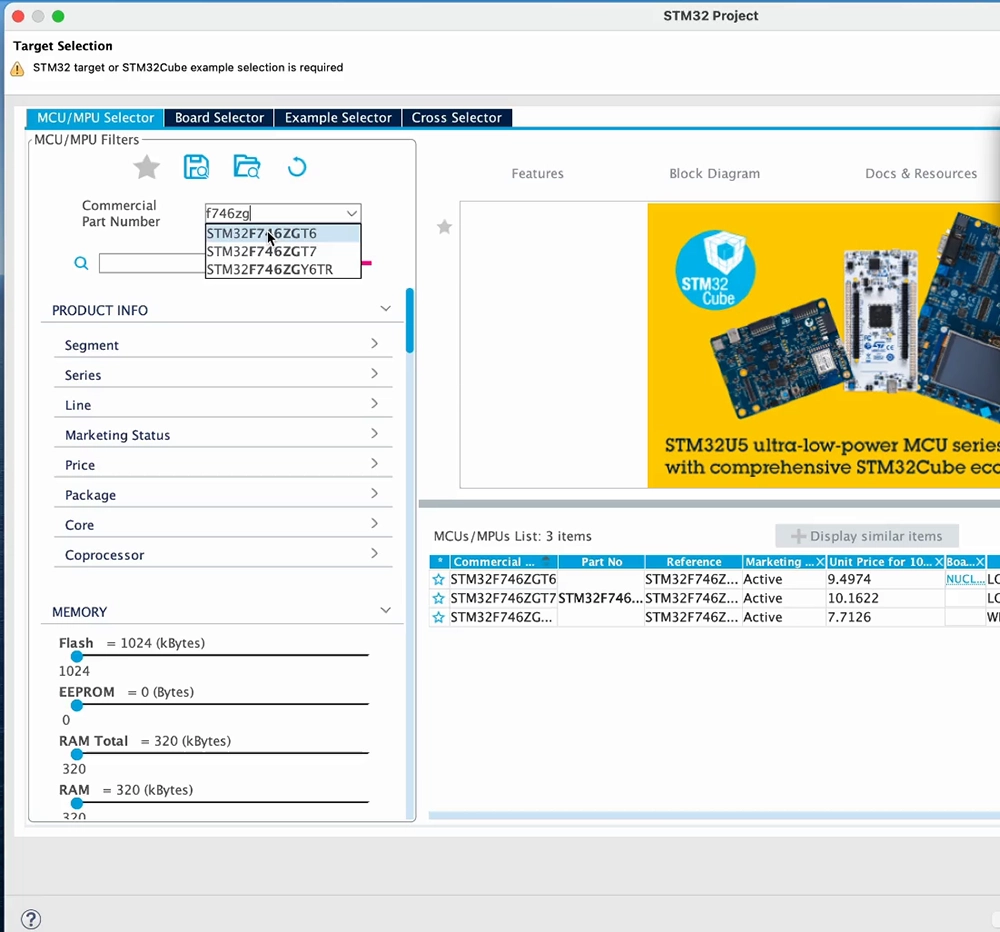 STM32CubeIDE MCU/MPU Selector