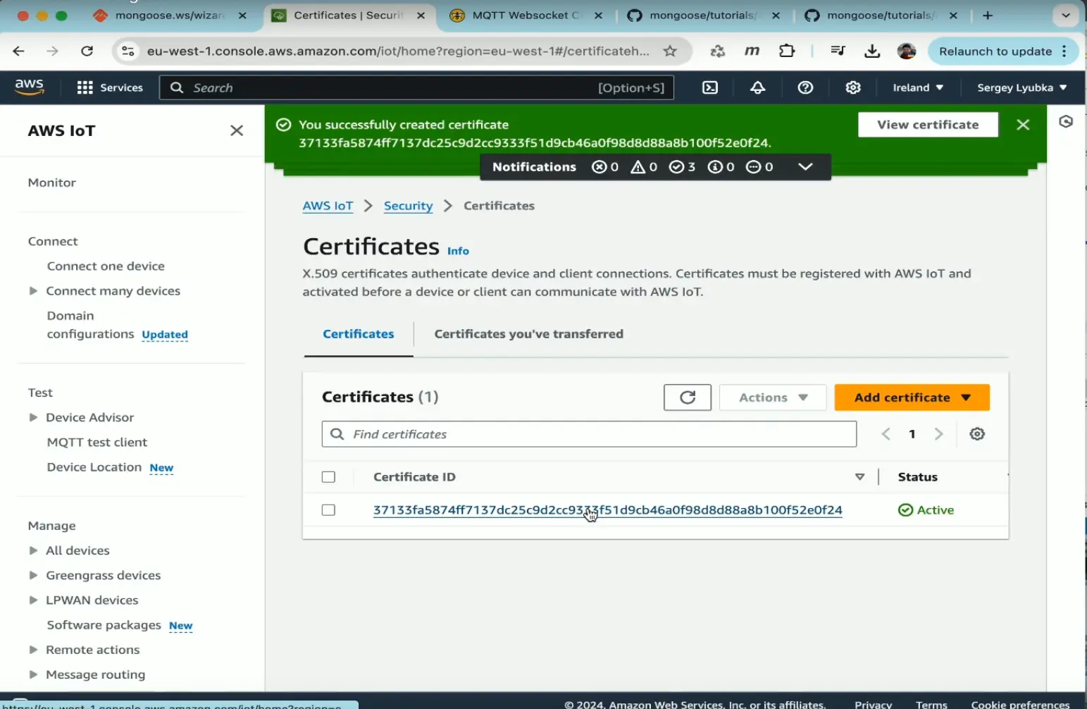 Attach certificate to policy