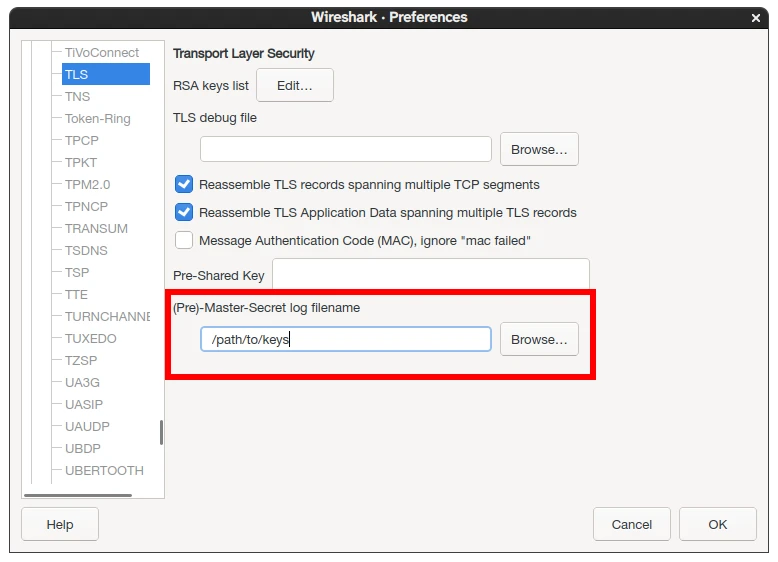 Wireshark TLS preferences