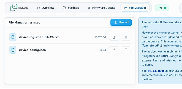 File uploads and device logs dashboard