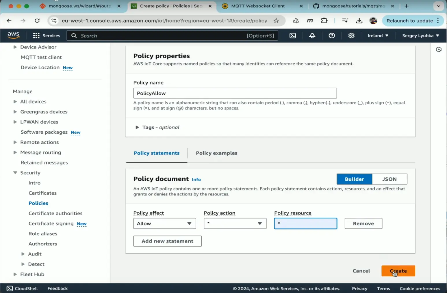 Create AWS IoT Policy